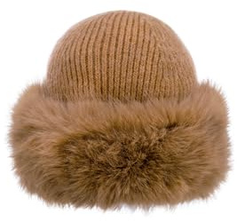 QUEEN HELENA Chapeau d'hiver avec fourrure avec bonnet douillet pour femme CP07, Camel, Taille Unique