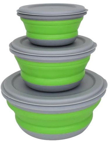 Huntoshon Ciotole pieghevoli, 3 pezzi, in silicone per uso alimentare, ciotole da campeggio, insalatiere con coperchi, contenitore portatile espandibile per alimenti, per campeggio, viaggi e picnic,