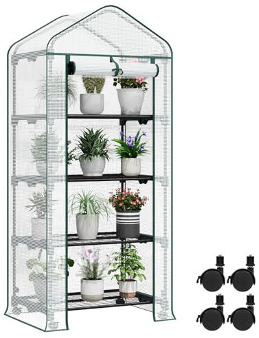 WOLTU Serre de Jardin, avec roulettes, Serre de Balcon, en PE 130g/m², Porte Zippée Enroulable, avec 4 Étagères, Intérieur et Extérieur, 70x50x162cm, Blanc