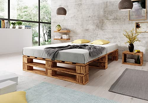 Lermowood Palettenbett M2 aus Holz 140 x 200 cm Geflammt mit Lattenrost Holzbett 30cm Stabiles Seniorenbett Kinderbett Jugendbett Gästebett erhöhtes Einzelbett Bettgestell Futonbett Komforthöhe