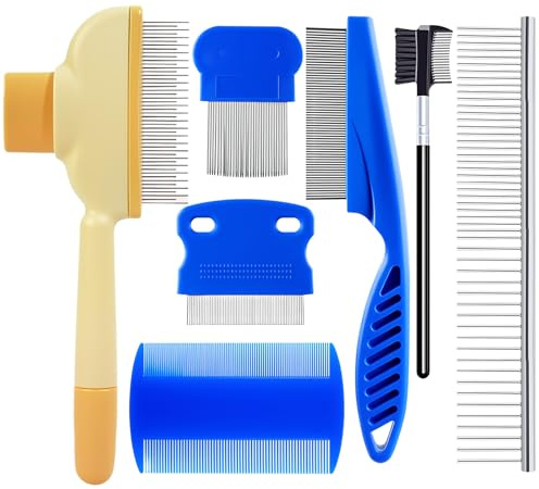shallyong 7 Peines Antipulgas para Mascotas, Peine Desenredante y de Aseo de Acero Inoxidable Autolimpiables, Set Quitamanchas de Lágrimas, para Gatos y Perros de Pelo Corto y Largo