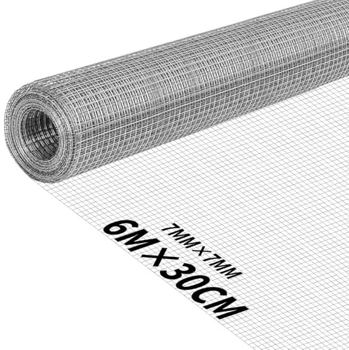 RITOLLO 6m x 300mm Rodent Mesh Wire Roll – Galvanized Welded Hardware Cloth, 7x7mm Wire Mesh for Rodent Protection & Chicken Coops, Easy to Cut Garden & Animal Enclosure Mesh