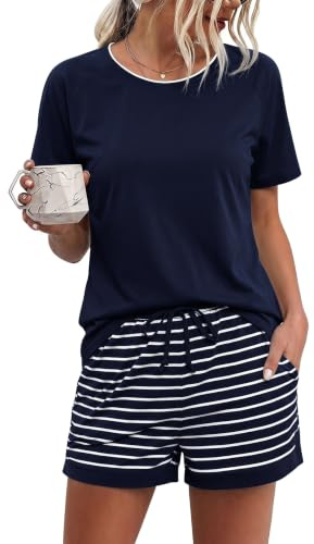 Litherday Pyjama Femme Ete Coton Vêtements de Nuit Manches Courtes Col Rond | T Shirt & Pantalon de Nuit Rayé Fente Latérale