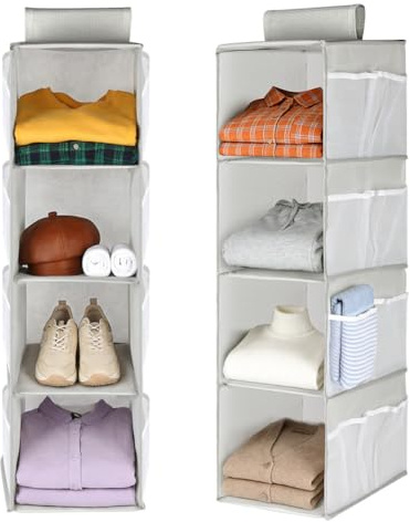 AOOWU Organizador Armario, Estantería Colgante de Tela con 4 Niveles y 12 Bolsillos, Bolsas Armario Plegables, Colgando Organizador de Tela para Ropa, Toallas, Ropa Interior y Sombrero（22*30*75cm）