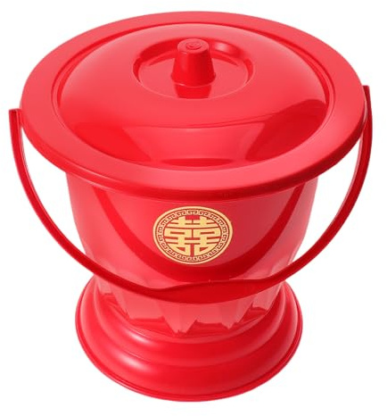 Ipetboom Pot de Chambre en Plastique Rouge 1,5 L avec Couvercle Bassin de Lit Portable pour Cérémonie de Mariage Chinois, Crachoir Festif pour Adultes, Seau de Toilette de Chevet Solide