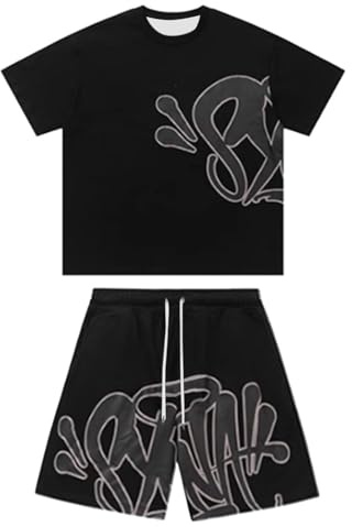 Y2K Conjunto de Verano Hombre 2 Piezas Chándal Ropa de Calle de Verano | Algodón Camiseta Manga Corta Cuello Redondo y Short con Cintura elástica y cordón , cómodo para correr