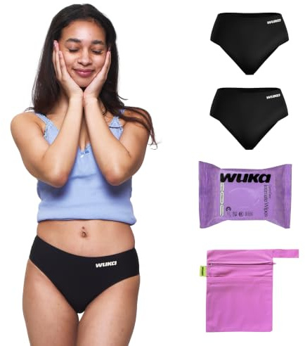 WUKA Teen School Period Kit - 4 Piece | School period kit with 2 reusable teen period pants, intimate wipes and pink wet bag for confident first periods