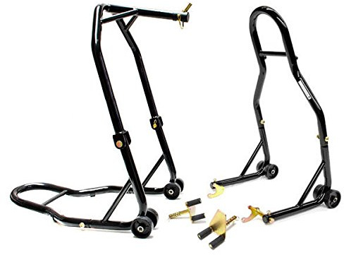 Motorcycle Front Triple Tree & Rear Swingarm Spool Lift Combo Wheel Lift Stands + Paddock Attachments Compatible with Yamaha, Honda, Kawasaki, Suzuki, Ducati, BMW - Sport Street Bike Motorcycle