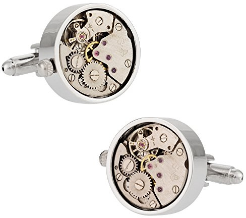 Working Watch Movement Steampunk Cufflinks with Glass Cover - Functional Silver Clock Skeleton Cufflinks Travel Box in with Presentation Box