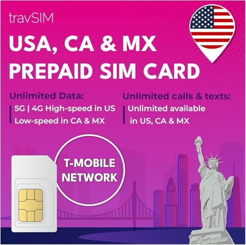 travSIM - USA SIM Card (T-Mobile Scheda SIM) Valida per 15 Giorni - 50GB 3G 4G LTE Dati mobili - Stati Uniti T-Mobile US SIM Card (Funziona anche in Canada e Messico, 5GB Combinati)