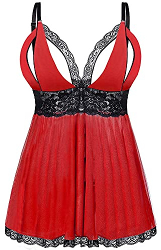 EVELIFE Babydoll Mujer Sexy Conjunto de Lencería Tallas Grandes Camisón de Encaje Tanga Ropa Interior Dormir Vestido(Rojo XXXL)