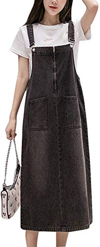 Lazutom Robe pinafore mi-longue décontractée en jean avec bretelles pour femme, Gris profond, 42