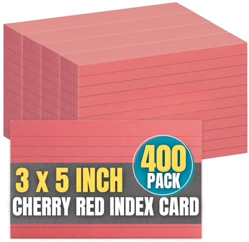 1InTheOffice Index Cards 3x5, Colored Index Cards, Lined, Cherry Red, 400 Pack