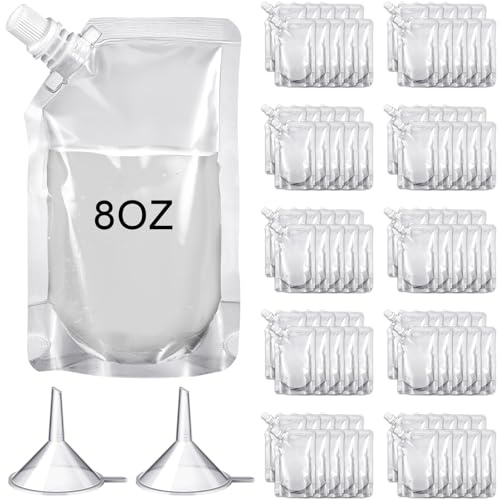 Meanplan 100 Pcs Plastic Pouches Bulk Reusable Squeeze Pouches Clear Plastic Juice Leak Proof Bags with Funnel for Party Favors Supplies(8 oz,Inclined Mouth)