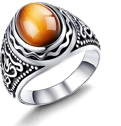 Dochais Anello in Acciaio Inossidabile per Uomo,Anello Chevalier Uomo con Pietra Tigre Turchese,Vintage Grande Anello Uomo Argento (Argento, 20)