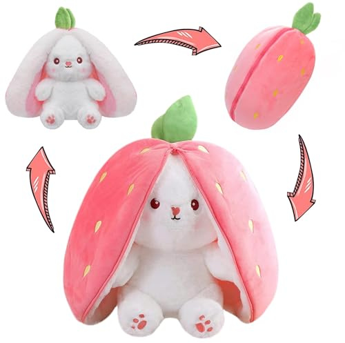 MIAODAM Easter Bunny Stuffed Animal, Carrot and Strawberry Bunny Plush Turn Into Rabbit Fruit Doll, Plushies Funny Bunny Toy for Girls (Strawberry Rabbit, 10inch)