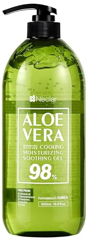 Neclar 98% Pure Aloe Vera Gel for Sunburn Relief - Big 16.9 oz / 500ml - Korean After Sun Care lotion For Face, Skin and Hair - Sun Burn Moisturizer Cream (16.9 Fl oz)