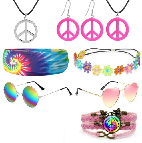iZoeL Hippie Kostüm Set, Hippie Brille Peace Halskette Anhänger Batik Stirnband Paar-Hippie Set, Fasching Kostüm Damen Herren 80er 90er Jahre Motto Party Halloween Karneval