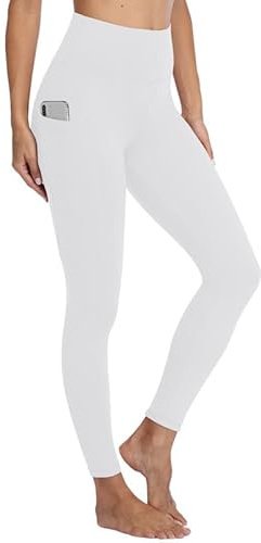Gayhay Sport Leggings Damen mit Taschen High Waist Schwarze Sportleggins Lang Sporthose Laufhose Bauchweg Blickdicht Fitnesshose Yoga Gym Leggings Weiß.L-XL