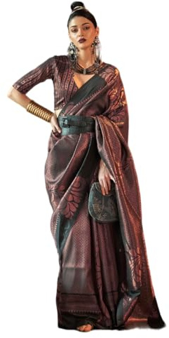Jaanvi Sari tradicional de seda Kanjivaram para mujer con trabajo Zari y blusa sin costuras (regalo del día de la madre), Cobre negro, talla única