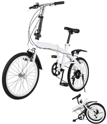 RUETERY Vélo pliant unisexe pour adulte de 20 pouces, 6 vitesses, siège réglable, garde-boue, vélo pliant adulte pour hommes et femmes, blanc