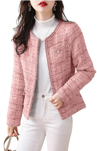 chouyatou Women's Elegant Open Front Tweed Jacket Slim Collarless Bussiness Casual Blazer Jacket (Small, Pink)