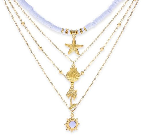 GAUEIOUR Boho Ocean Layered Necklace,Summer Surfing Starfish Shell Coconut Tree Sun Necklace Set, Women's Layered Alloy Necklaces, Beach Vacation Surfer Jewelry (Necklace * 4)