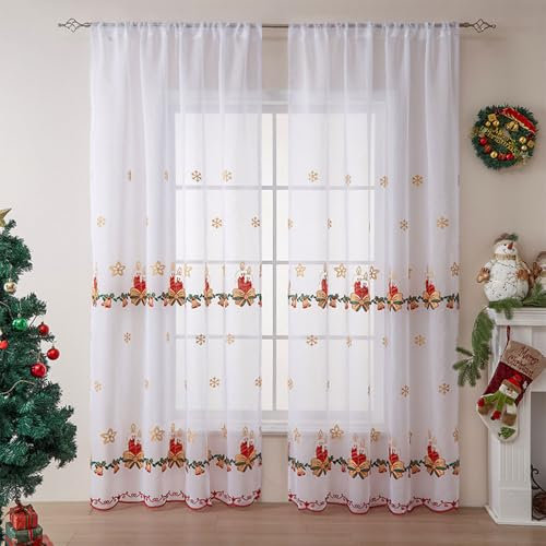 Lukery Weiß Transparent Vorhänge Wohnzimmer 2er Set, Weihnachten Schneeflocken-Stickerei Lang Halbtransparent Gardinen Vorhänge Durchsichtig für Fenster Küche Wohnzimmer Landhaus (130x214cm,Kerzen)