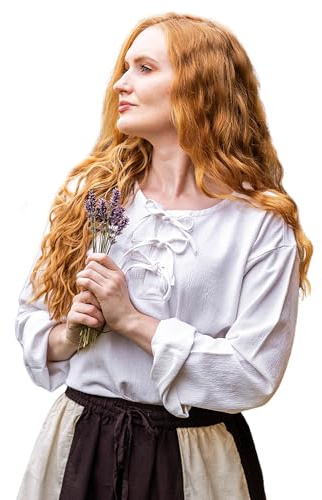 Leonardo Carbone® Damblus Tilda | snörning fram | medeltida design | karneval, halloween, cosplay, LARP, tunika, skjorta, topp, kostym | 100 % bomull, Vit, L
