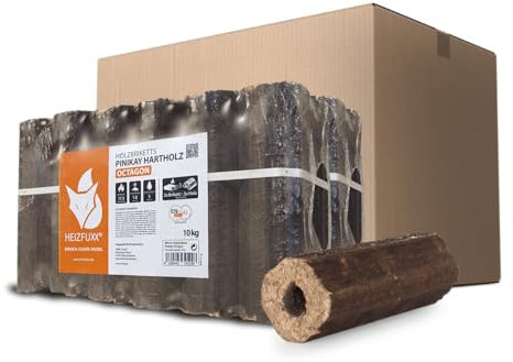 HEIZFUXX Holzbriketts PiniKay Octagon - Hartholzbriketts 20 kg (2x10 kg) - Briketts mit Zugloch für Kamin, Heizkessel & Ofen - Schnell entzündbar, hoher Heizwert & geringer Aschegehalt
