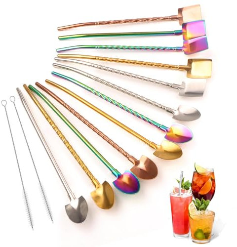 SneiDr 12 Pièces Pailles Cuillère Réutilisables En Acier Inoxydable 22.5cm 2 En 1 Métal Cuillère à Cocktail Avec 2 Brosse de Nettoyage Sans Soudure Bords Polis Multifonction Pour Maison Café Bar