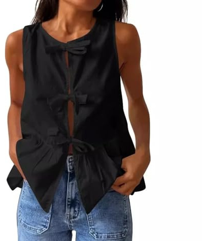 Women Trendy Bow Tie Front Babydoll Tank Tops Sleeveless Ruffle Blouse Tie Up Summer Casual Dressy Vest(Pink,Large)
