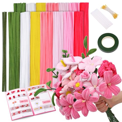 Benlay 550 Pfeifenreiniger zum Basteln, 7 Farbige Pipe Cleaner, Pipe Cleaner Flower Set mit Anleitung, Pfeifenreiniger-Blumen zum Basteln, Dekorieren und für Feste