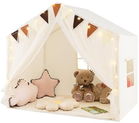 Kids Play Tent, Large Indoor Outdoor Kids Playhouse with Door Curtains, Cotton Mat, Star Light, Flag Banner, Windows, Fairy Castle Tent for Boys Girls 3+ Years (Beige)