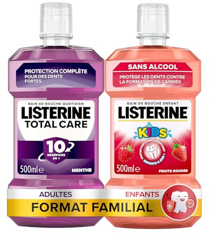 LISTERINE Bain de bouche total care 10 en 1 (bouteille de 500ML) + Bain de Bouche Enfant Fruits Rouges (bouteille de 500 ml)