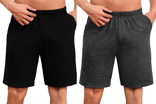 Uniexcosm Pantalones Cortos de Pijama para Hombre Verano Algodón Pantalón Shorts con Bolsillos Casual Ropa de Dormir Negro+Gris Oscuro M