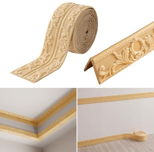 KAHCOP Bordüre Selbstklebend, Wandbordüre 4,5m x 10cm x 8mm, Rokoko-Stil Zierleisten, Wasserdicht 3D Tapetenbordüre für Flur, Decke, Ecke, Linie (Gold)