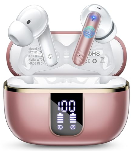 Ecouteurs Bluetooth sans Fil, 5.4 Écouteurs Bluetooth avec Stéréo 3D HiFi, 4 Mic ENC, 46H Récréation Ecouteurs sans Fil avec Écran LED, IPX7 Étanche Ecouteurs Intra-Auriculaires pour iOS Android