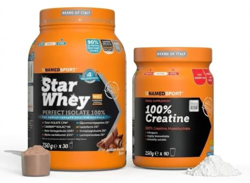 NAMEDSPORT Star Whey Isolate Proteine 750g Cioccolato + 100% Creatine in Polvere 250 g | Proteine del Siero del Latte e Creatina | Massa Muscolare e Recupero | Low Sugar & High Protein