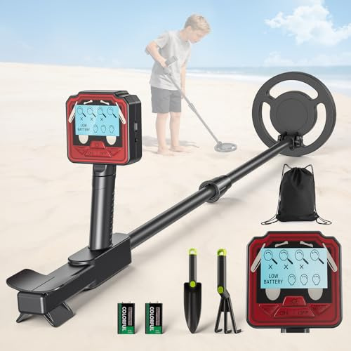 Detector de Metales Niños, Detector de Metales para Niños con Vástago Ajustable, 2 Modos, Pantalla LCD, Bobina de Búsqueda Impermeable, Metal Detector for Kids con Bolsa, Pala y Rastrillo