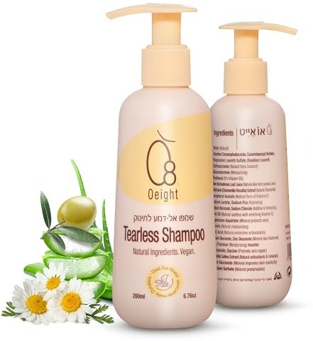 Oeight Tearless Baby Shampoo, Hypoallergenic & Dermatologically Tested Baby Shampoo, 100% Natural Active Ingredients with Chamomile, Parabens & SLS Free, Fragrance Free, for Sensitive Scalp, 200 ml