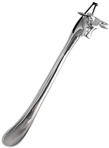 langer stabiler Aluminium Schuhlöffel zum aufhängen - Edler Metall Deko Schuhanzieher 54 cm mit Kuh Kopf Motiv Griff - für Stiefel und hohe Schuhe