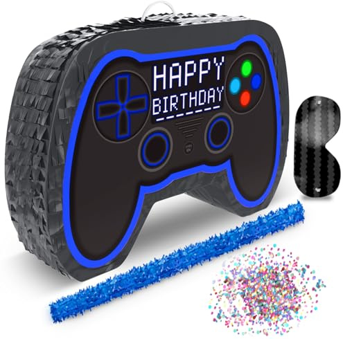 Jergrim Blue Video Game Controller Piñata (Small Stick Included) 17”x11”x 3” Perfect for Birthday Gamer Parties, Party Decor, Gaming theme parties and other Decorations