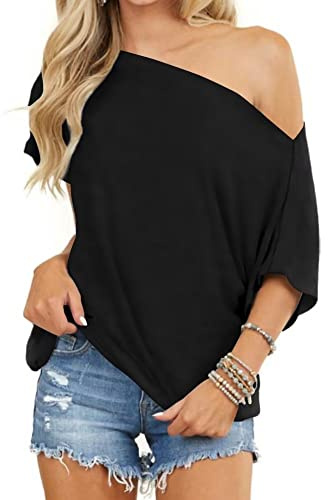 LEEDYA Womens Summer Off The Shoulder Tops Batwing Sleeve Tunic Shirt Plus Size Boat Neck Blouses Black Large