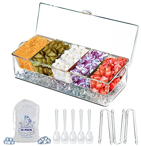 LIMOEASY Chilled Condiment Server, Clear Garnish Tray with Lid for Bar for Parties with 5 Removable Compartments, Ice Serving Bowl, Serving Containers for Fruit, Caddy, Snack, Sauce