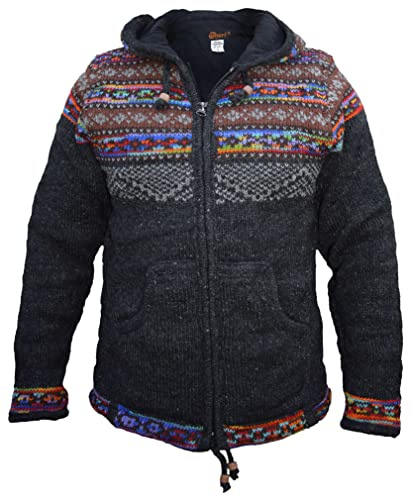Gheri snöflinga vinter dubbel stickad handgjord nepalesisk jacka huvtröja Fair Isle, Jazzy Charcoal, XL