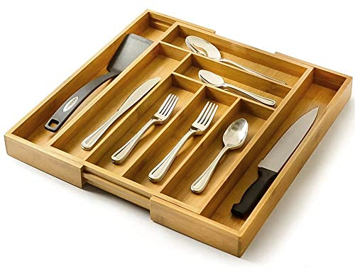 THINFAR Artisware - Organizzatore per cassetti in bambù estensibile, posate e vassoio per utensili, 43-50 x 45 x 5 cm, inserto per cassetti con 8 scomparti, colore legno (A)