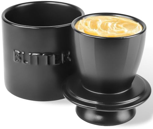 QIAMO Butter Crock with Lid, Ceramic French Butter Dish for Enjoying Fresh and Spreadable Butter, Minimal Gray Design Suitable for Home (Black)