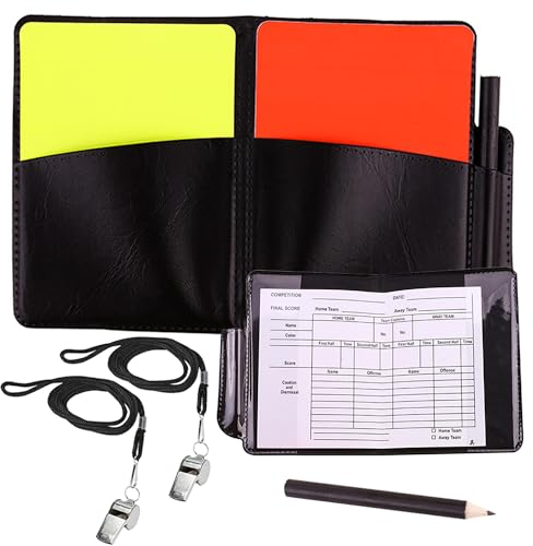EUZUXU Schiedsrichter Karten Set, mit 2 Metall Schiedsrichter Pfeife mit Rot Gelb Schiedsrichter Karte mit Tasche Punktebuch für Sport Fußball Basketball Fußballspiel