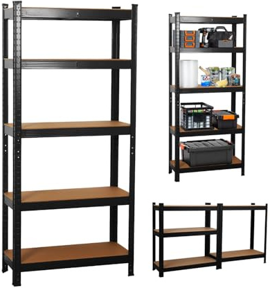 Holywarm Heavy-Duty Garage Shelving Units, 5-Tier Steel Storage Shelves - Boltless Assembly, 875kg Capacity for Warehouse Living Room Kitchen Bedroom (Black, 90x40x180cm)